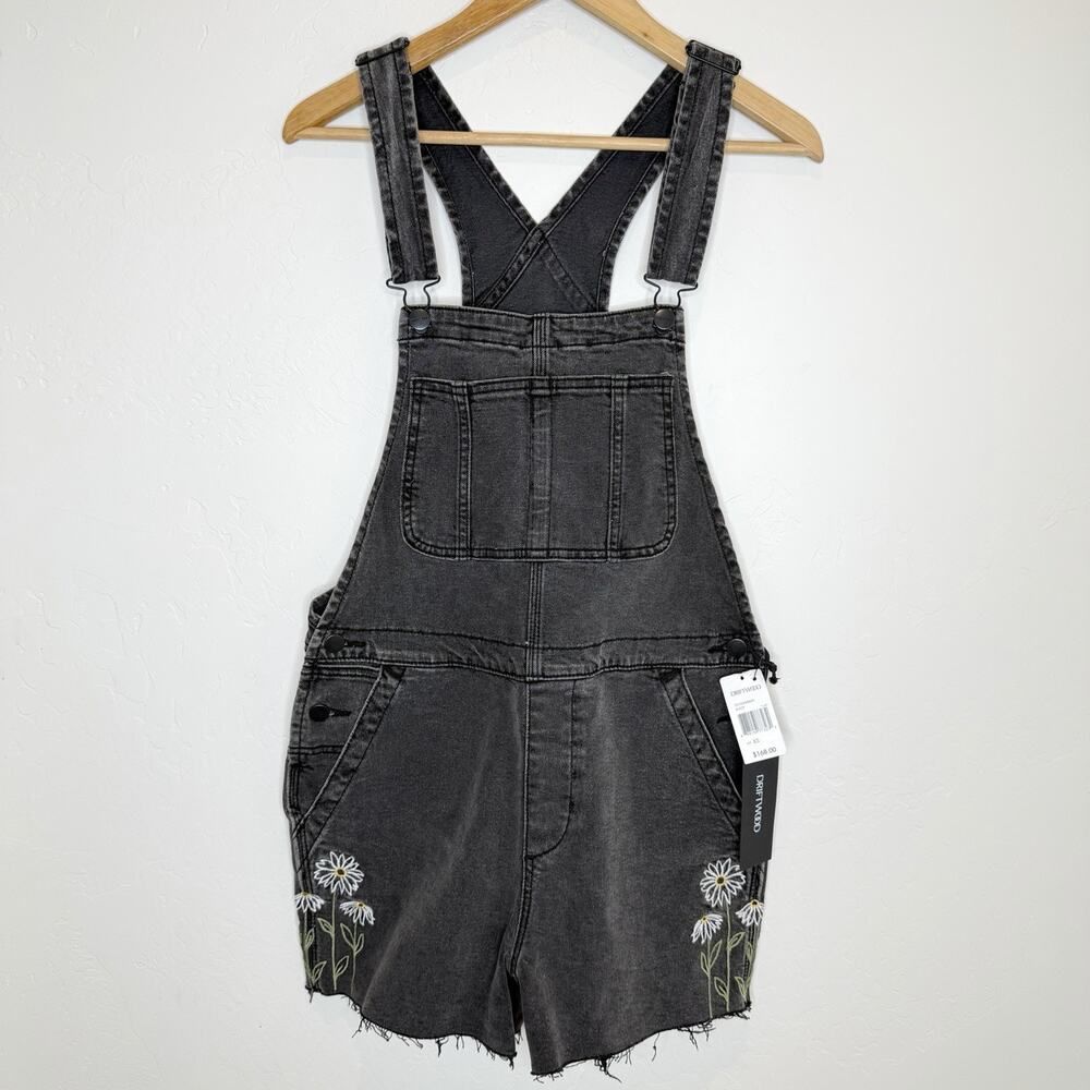 Driftwood Daisy Fields Shortalls Women’s XS Black Denim Overalls Cut Offs Frayed